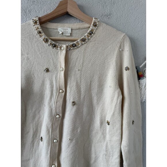Kate Spade Elizabeth Be Dazzled Wool Ivory Beaded Pearl Cardigan Timeless Dainty - Picture 3 of 10